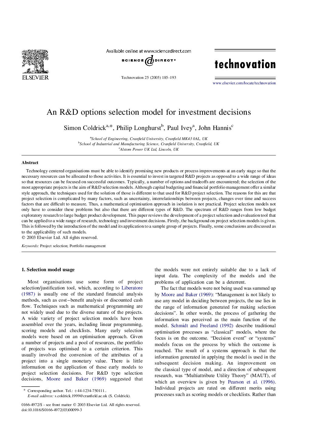 An R&D options selection model for investment decisions