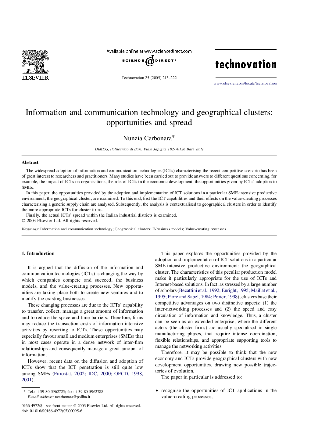 Information and communication technology and geographical clusters: opportunities and spread