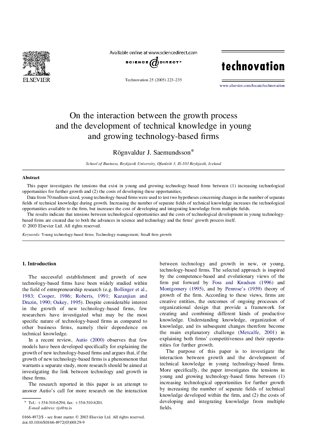 On the interaction between the growth process and the development of technical knowledge in young and growing technology-based firms