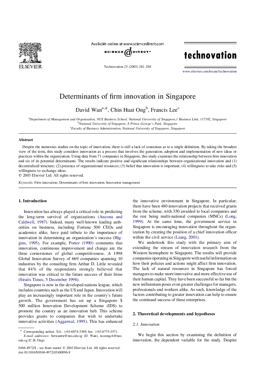 Determinants of firm innovation in Singapore