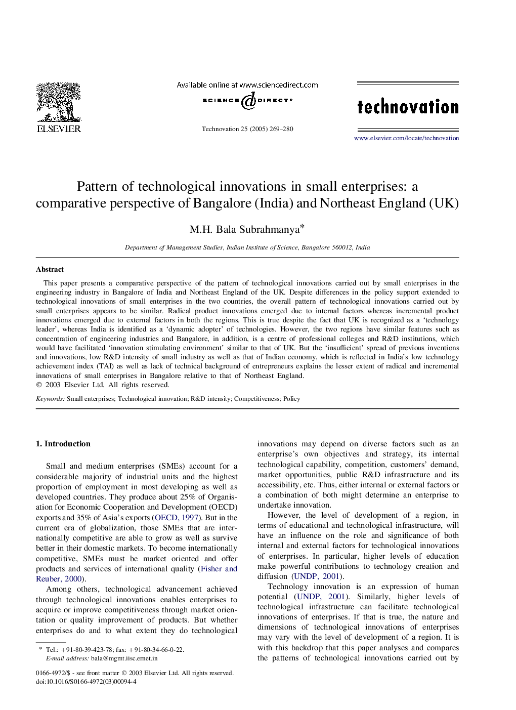 Pattern of technological innovations in small enterprises: a comparative perspective of Bangalore (India) and Northeast England (UK)