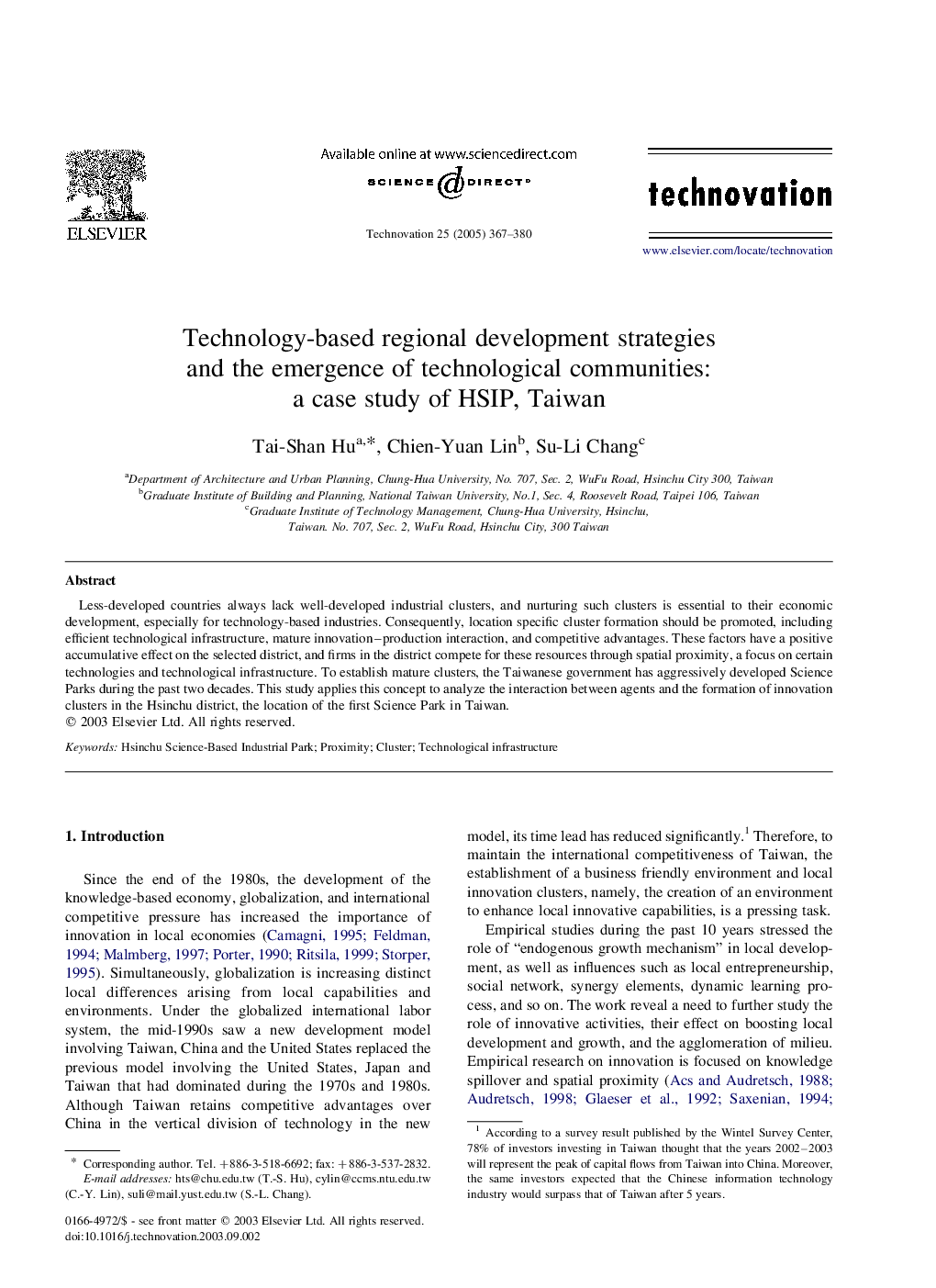 Technology-based regional development strategies and the emergence of technological communities: a case study of HSIP, Taiwan