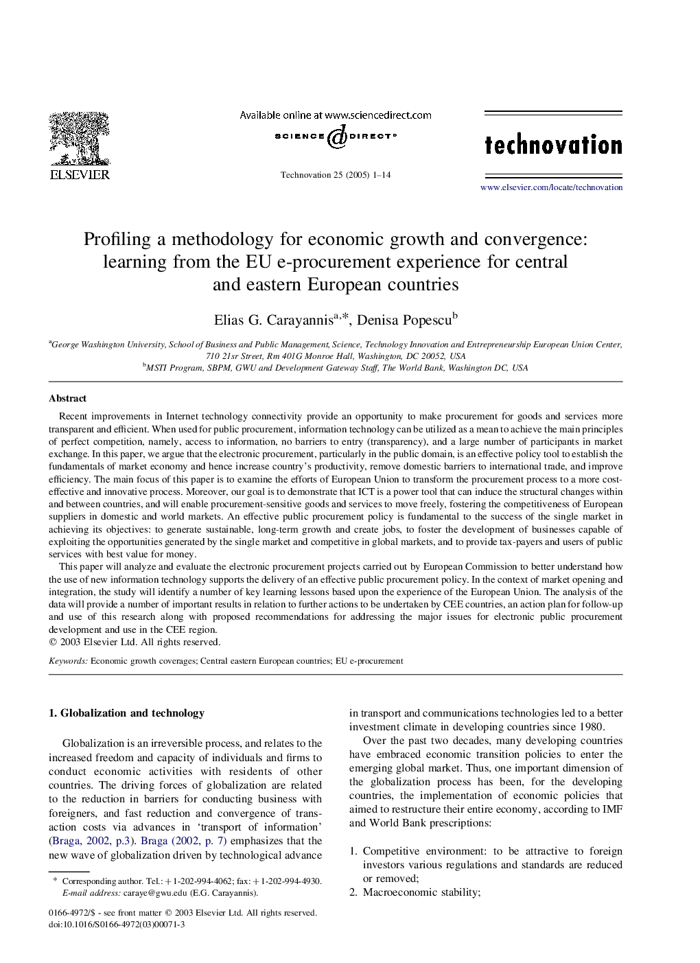 Profiling a methodology for economic growth and convergence: learning from the EU e-procurement experience for central and eastern European countries