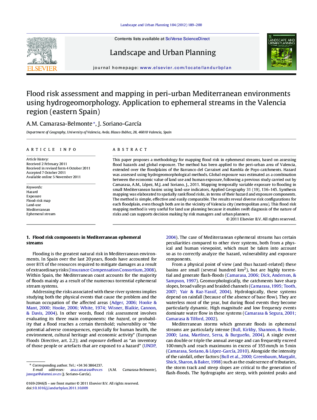 Flood risk assessment and mapping in peri-urban Mediterranean environments using hydrogeomorphology. Application to ephemeral streams in the Valencia region (eastern Spain)