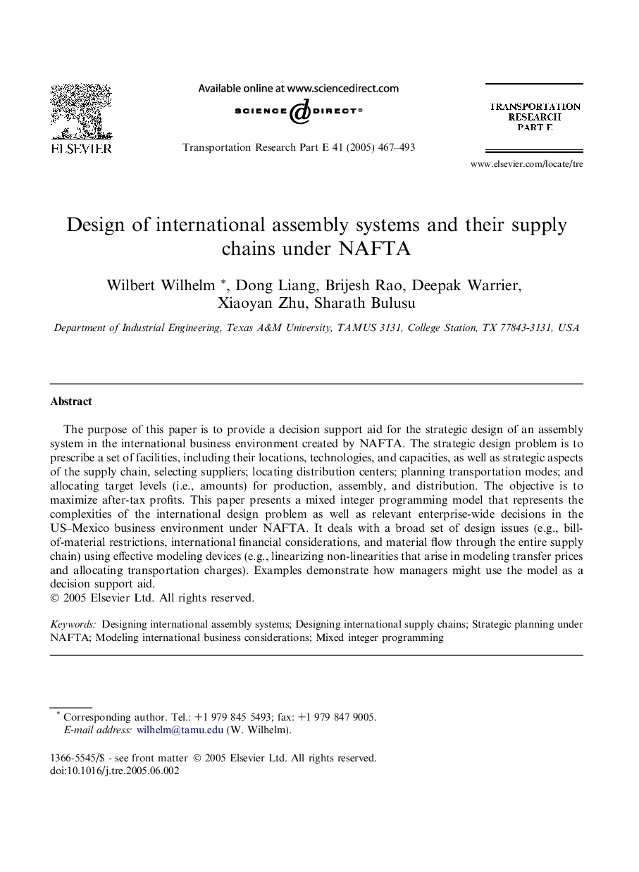 Design of international assembly systems and their supply chains under NAFTA