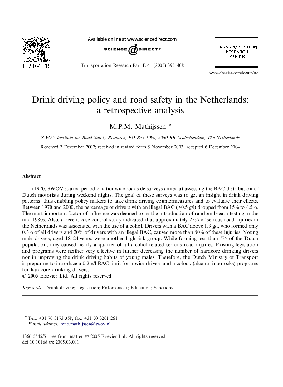 Drink driving policy and road safety in the Netherlands: a retrospective analysis
