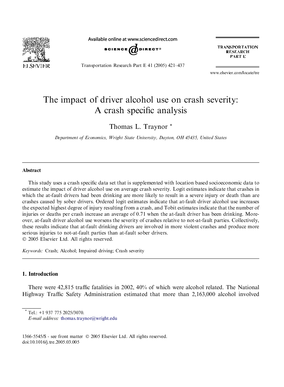 The impact of driver alcohol use on crash severity: A crash specific analysis