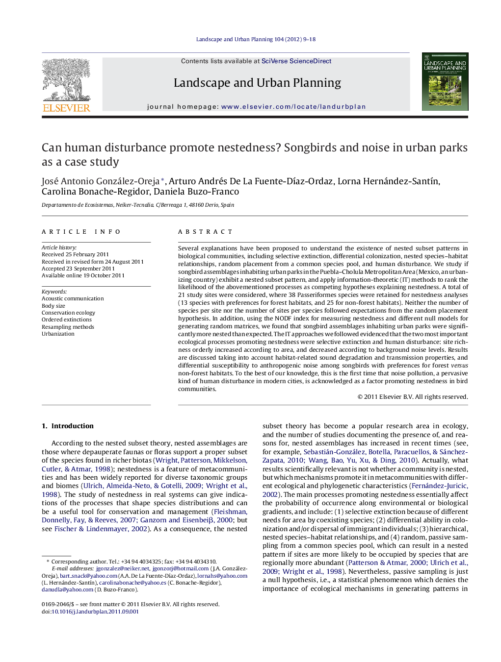 Can human disturbance promote nestedness? Songbirds and noise in urban parks as a case study