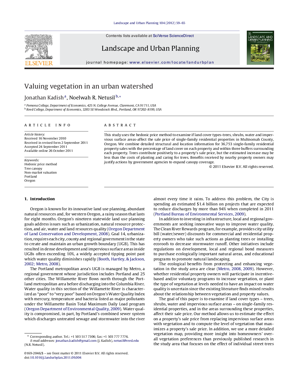 Valuing vegetation in an urban watershed