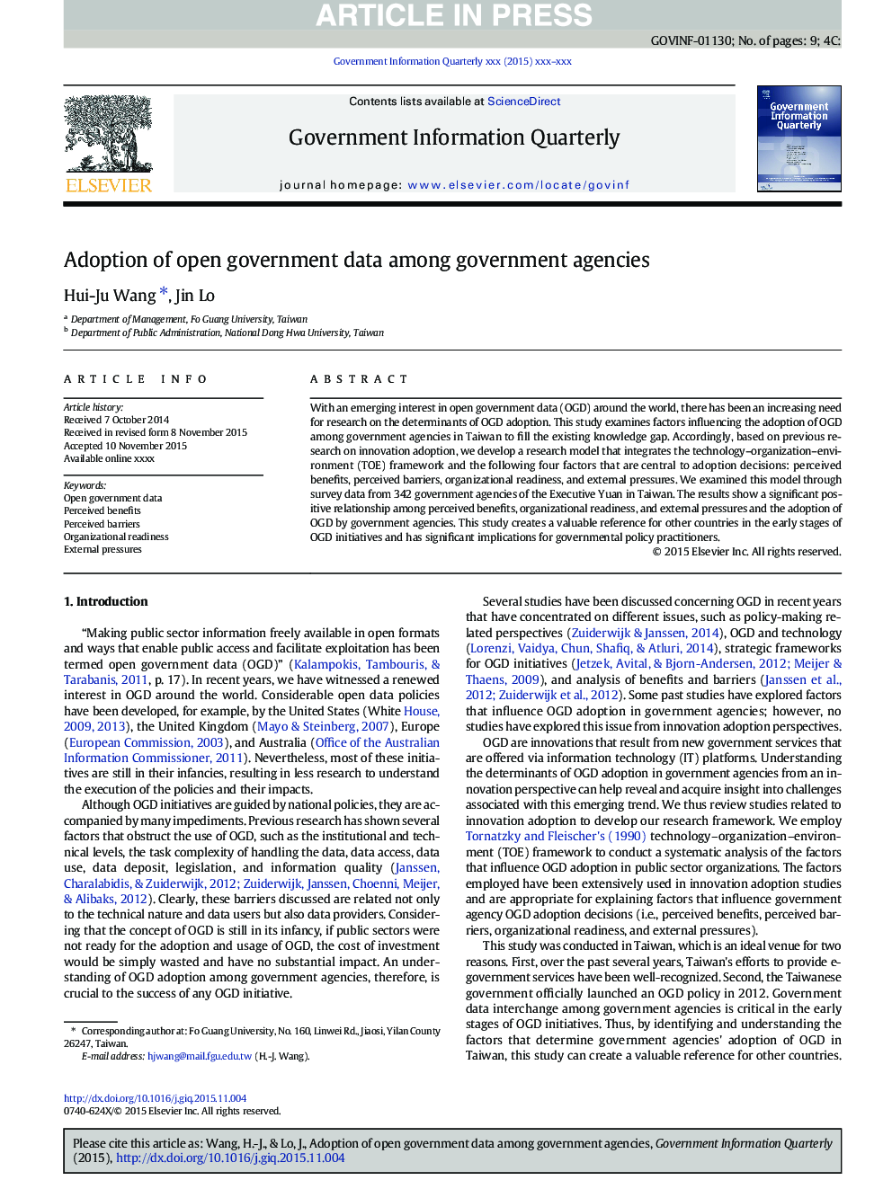 Adoption of open government data among government agencies