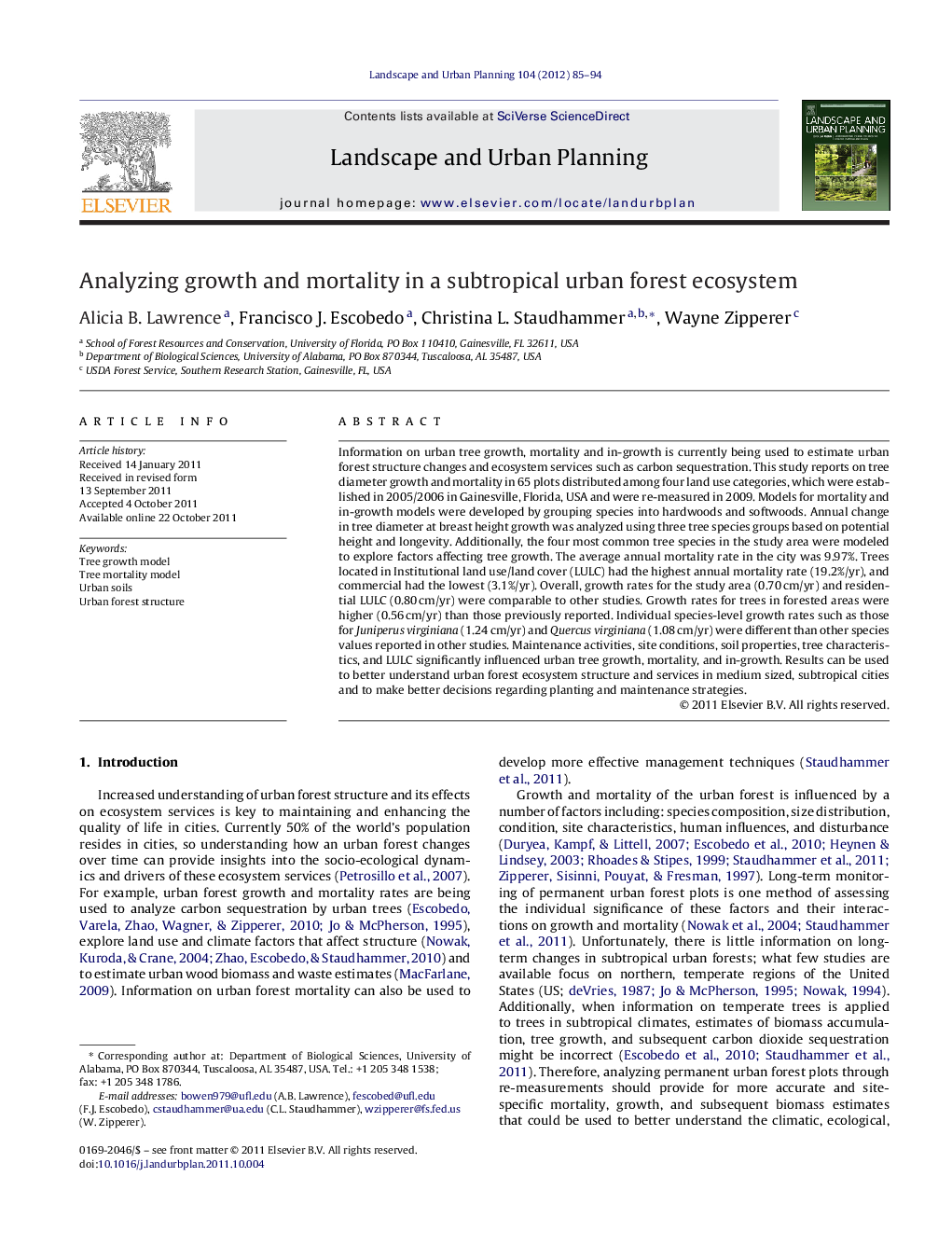 Analyzing growth and mortality in a subtropical urban forest ecosystem