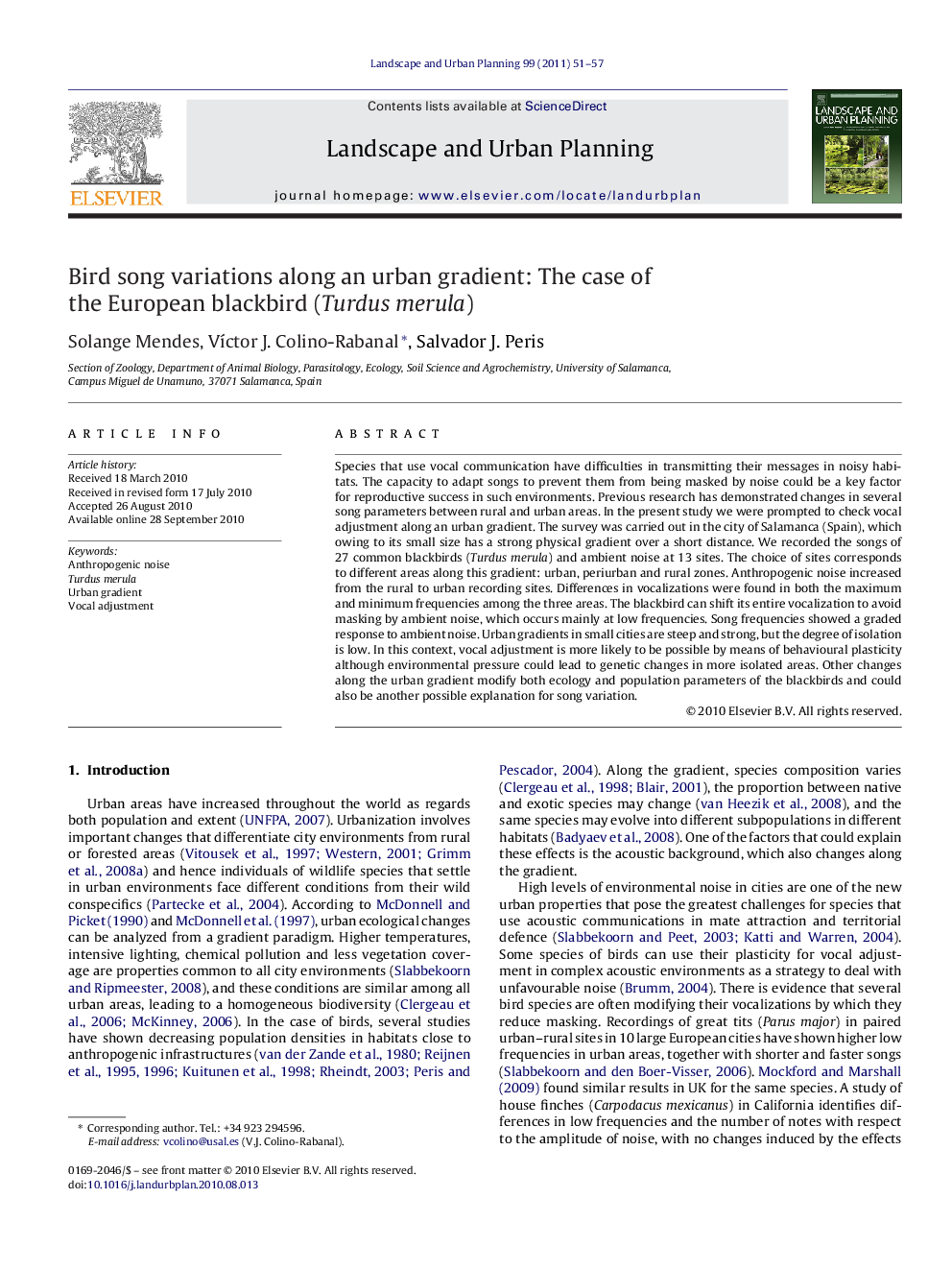 Bird song variations along an urban gradient: The case of the European blackbird (Turdus merula)