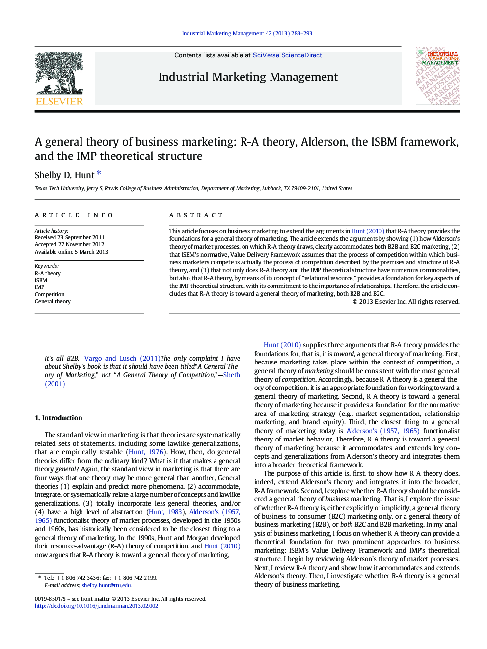 A general theory of business marketing: R-A theory, Alderson, the ISBM framework, and the IMP theoretical structure