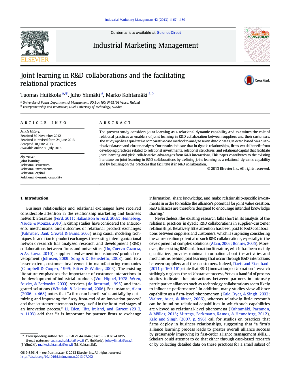 Joint learning in R&D collaborations and the facilitating relational practices