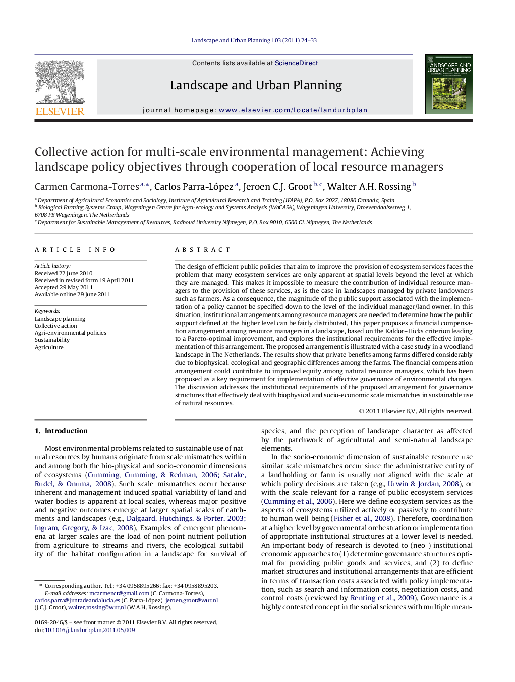 Collective action for multi-scale environmental management: Achieving landscape policy objectives through cooperation of local resource managers