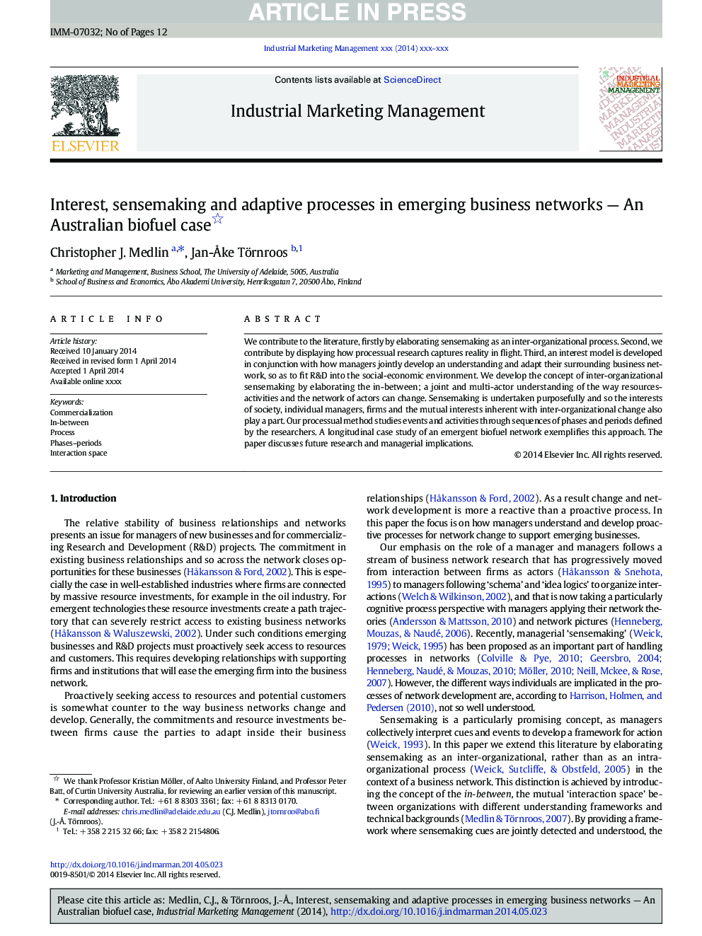 Interest, sensemaking and adaptive processes in emerging business networks - An Australian biofuel case