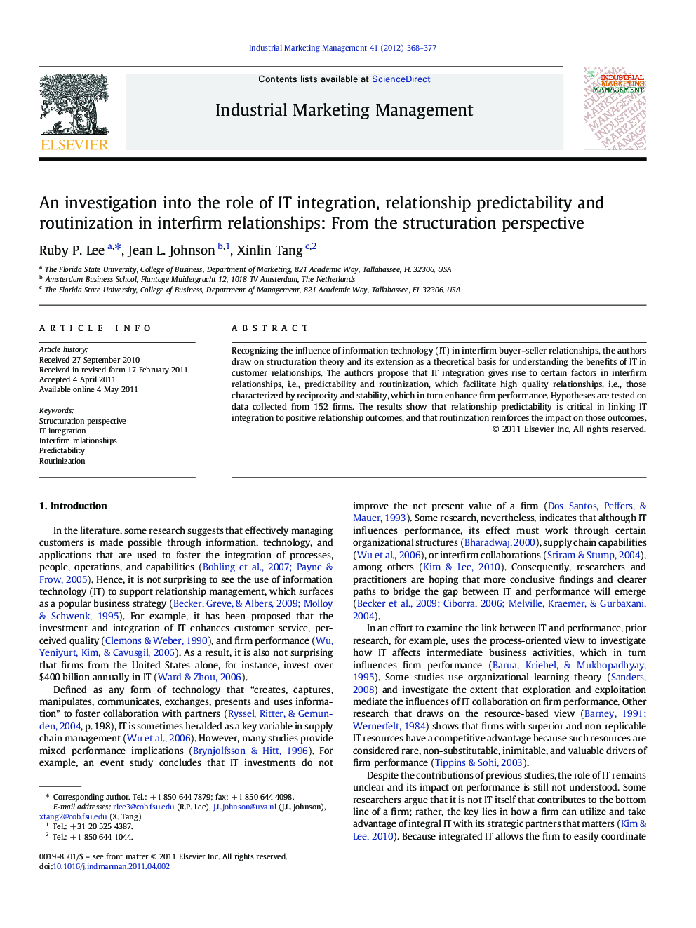 An investigation into the role of IT integration, relationship predictability and routinization in interfirm relationships: From the structuration perspective