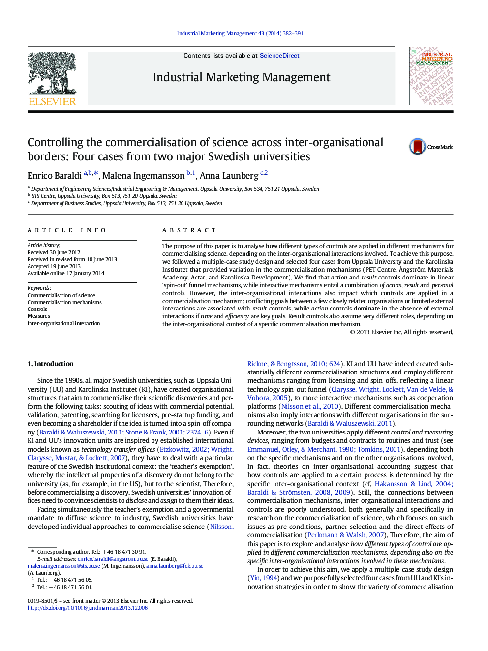 Controlling the commercialisation of science across inter-organisational borders: Four cases from two major Swedish universities