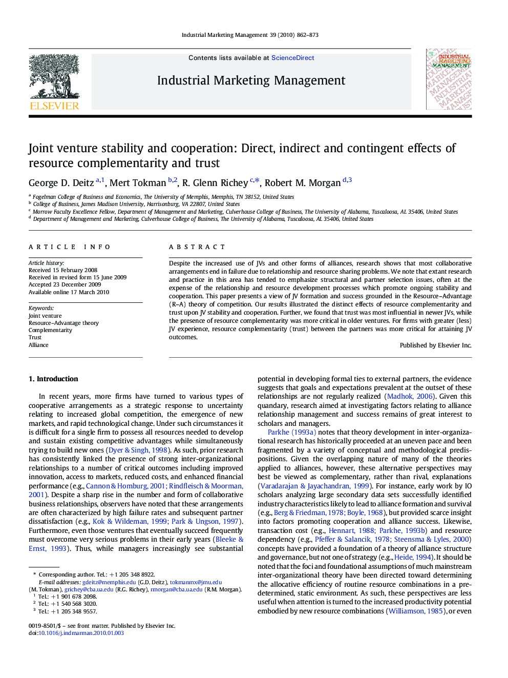 Joint venture stability and cooperation: Direct, indirect and contingent effects of resource complementarity and trust