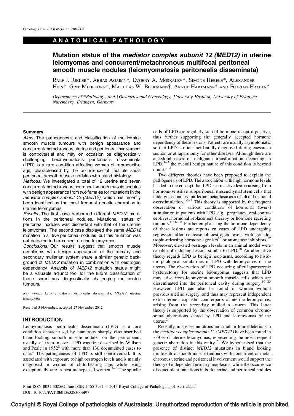 Mutation status of the mediator complex subunit 12 (MED12) in uterine leiomyomas and concurrent/metachronous multifocal peritoneal smooth muscle nodules (leiomyomatosis peritonealis disseminata)