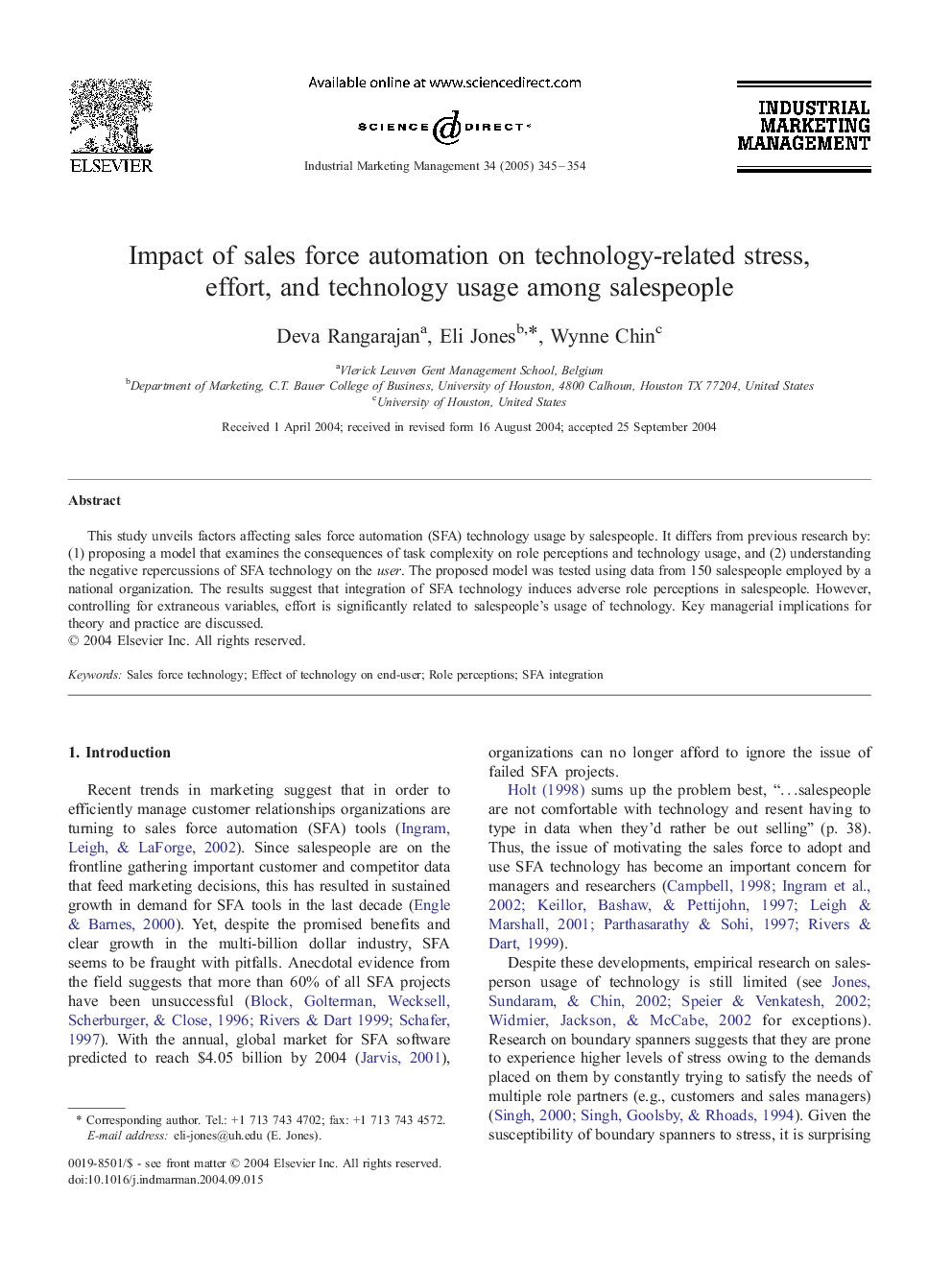 Impact of sales force automation on technology-related stress, effort, and technology usage among salespeople