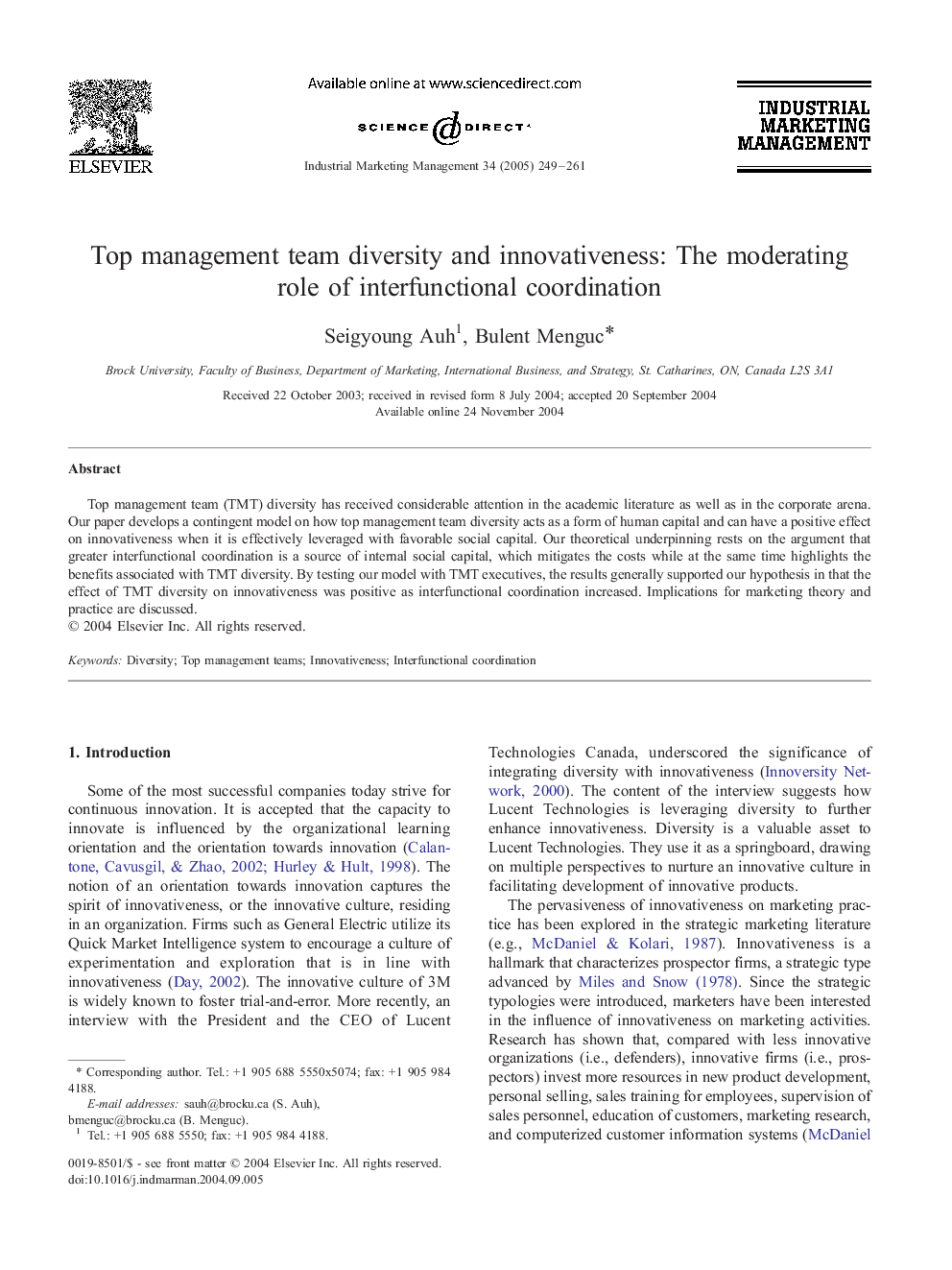 Top management team diversity and innovativeness: The moderating role of interfunctional coordination