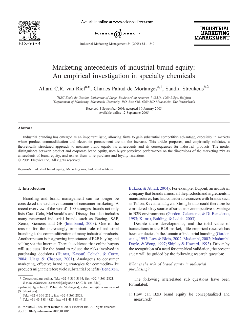 Marketing antecedents of industrial brand equity: An empirical investigation in specialty chemicals