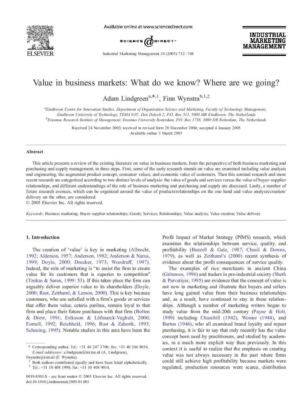 Value in business markets: What do we know? Where are we going?