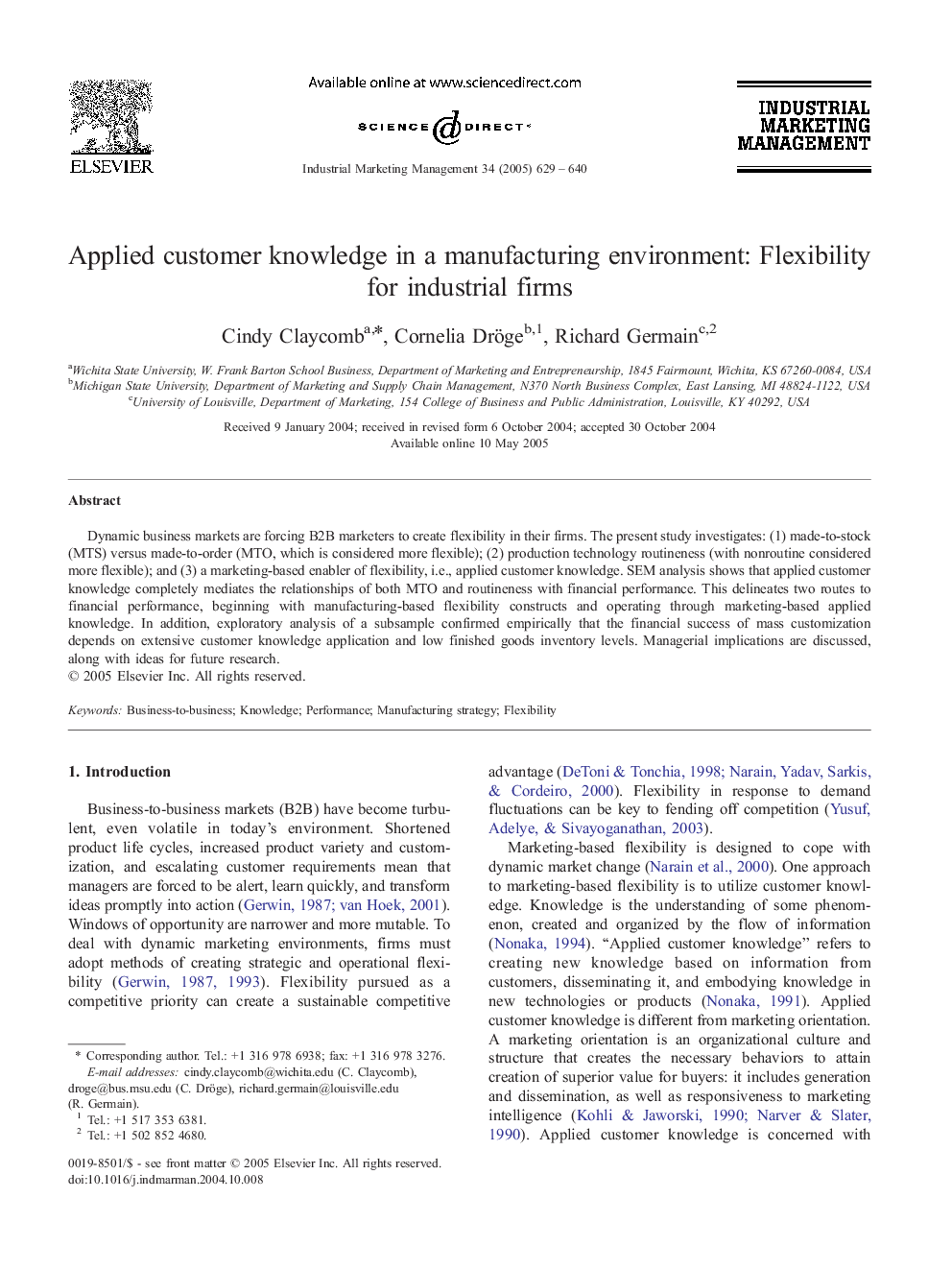 Applied customer knowledge in a manufacturing environment: Flexibility for industrial firms