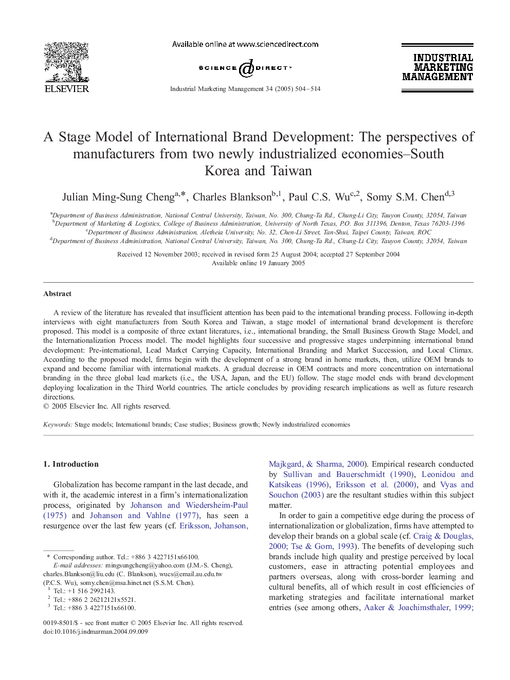 A Stage Model of International Brand Development: The perspectives of manufacturers from two newly industrialized economies-South Korea and Taiwan