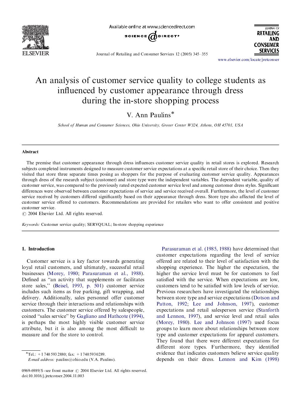 An analysis of customer service quality to college students as influenced by customer appearance through dress during the in-store shopping process