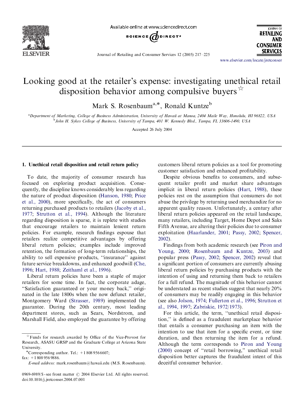 Looking good at the retailer's expense: investigating unethical retail disposition behavior among compulsive buyers