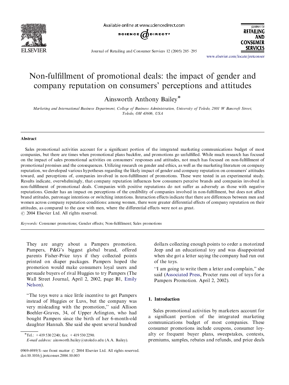 Non-fulfillment of promotional deals: the impact of gender and company reputation on consumers' perceptions and attitudes