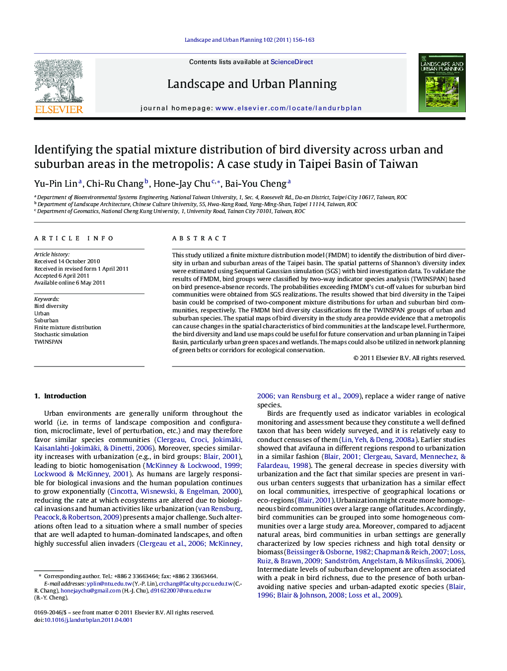 Identifying the spatial mixture distribution of bird diversity across urban and suburban areas in the metropolis: A case study in Taipei Basin of Taiwan