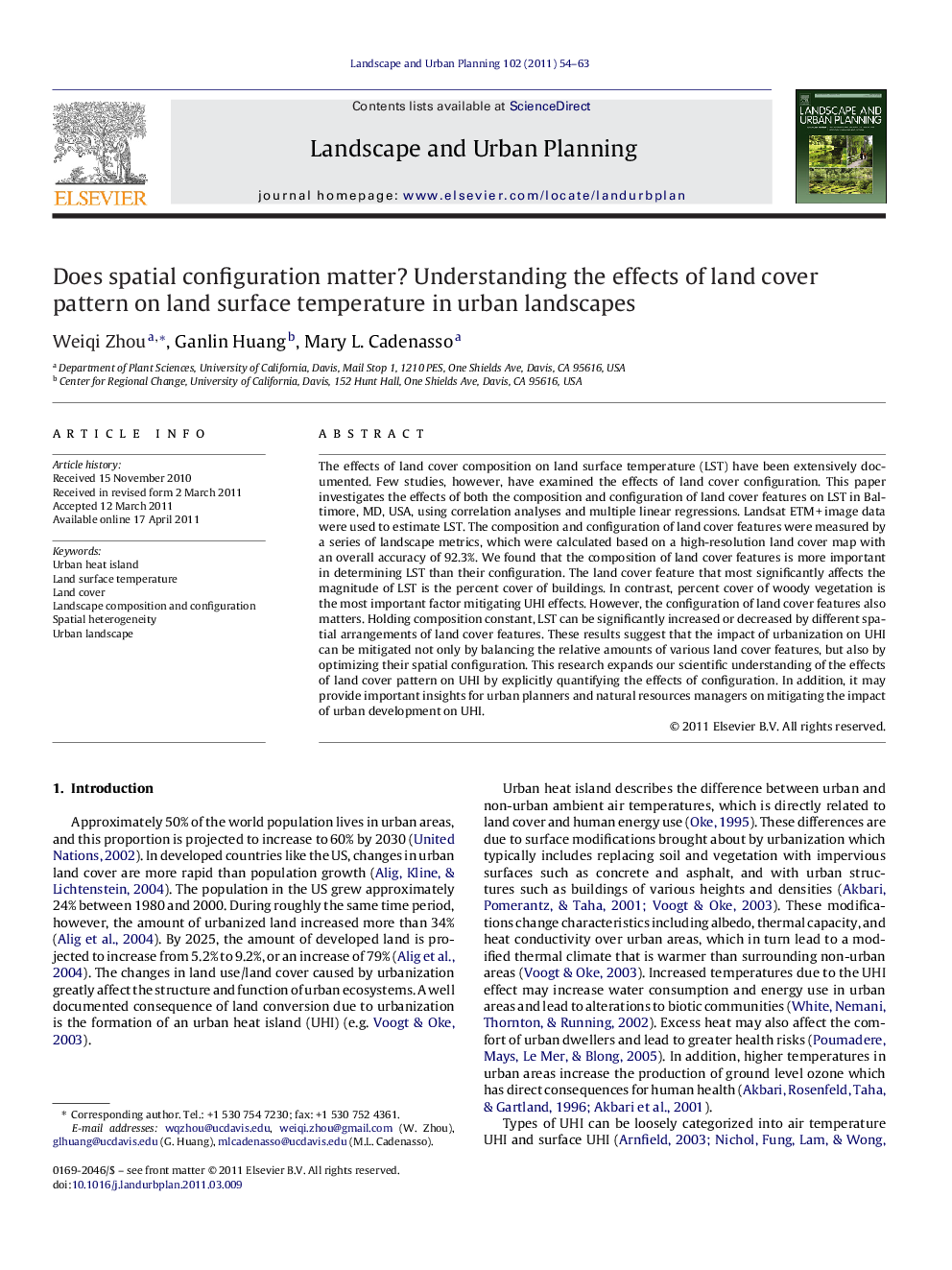 Does spatial configuration matter? Understanding the effects of land cover pattern on land surface temperature in urban landscapes