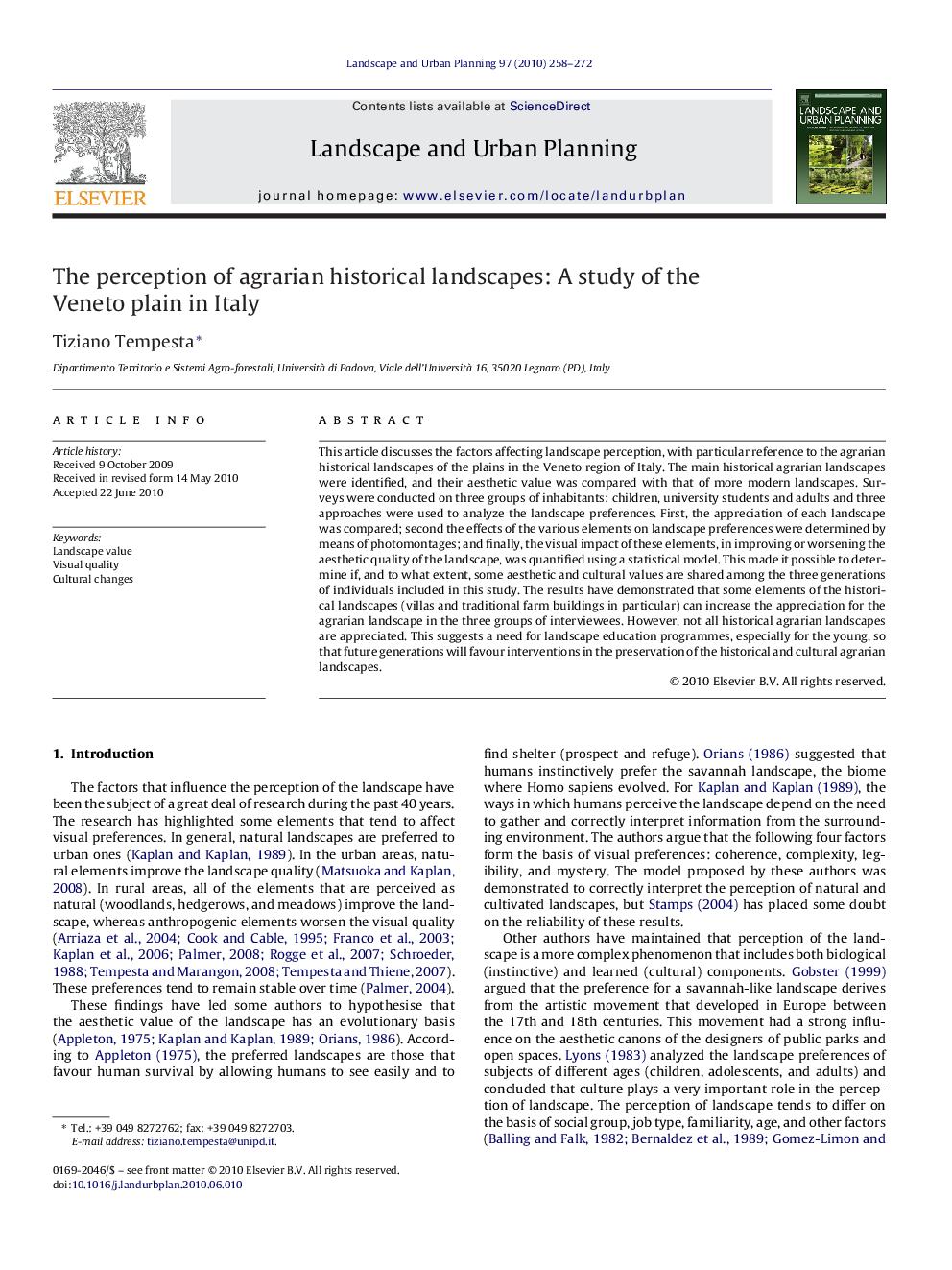 The perception of agrarian historical landscapes: A study of the Veneto plain in Italy