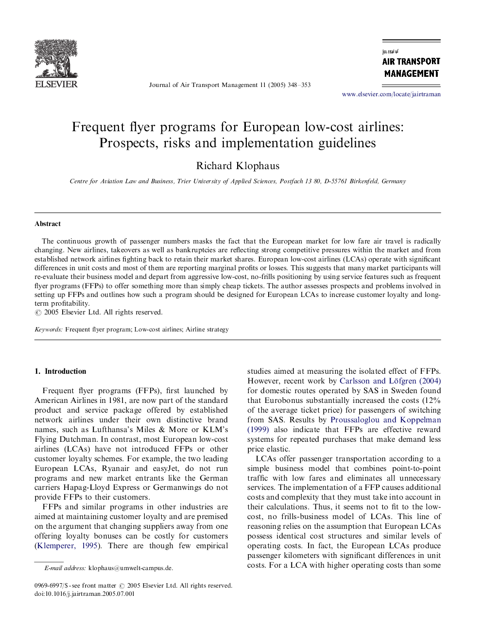 Frequent flyer programs for European low-cost airlines: Prospects, risks and implementation guidelines