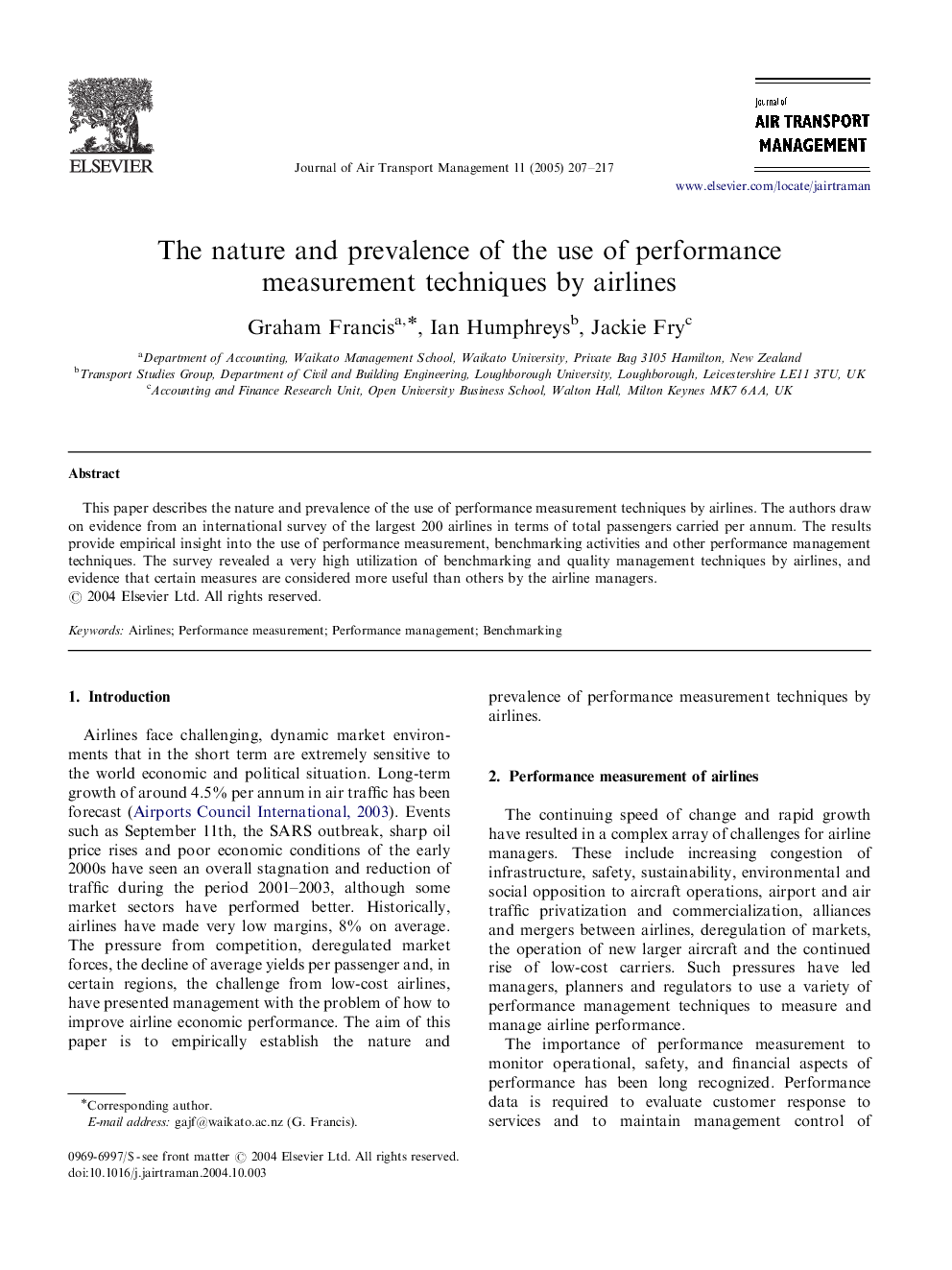 عکس صفحه اول مقاله: The nature and prevalence of the use of performance measurement techniques by airlines The nature and prevalence of the use of performance measurement techniques by airlines