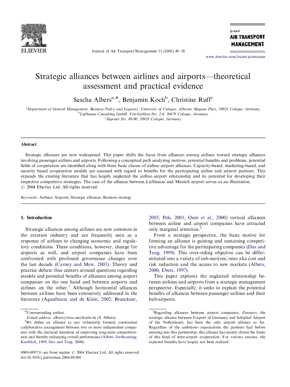 عکس صفحه اول مقاله: Strategic alliances between airlines and airports-theoretical assessment and practical evidence Strategic alliances between airlines and airports-theoretical assessment and practical evidence