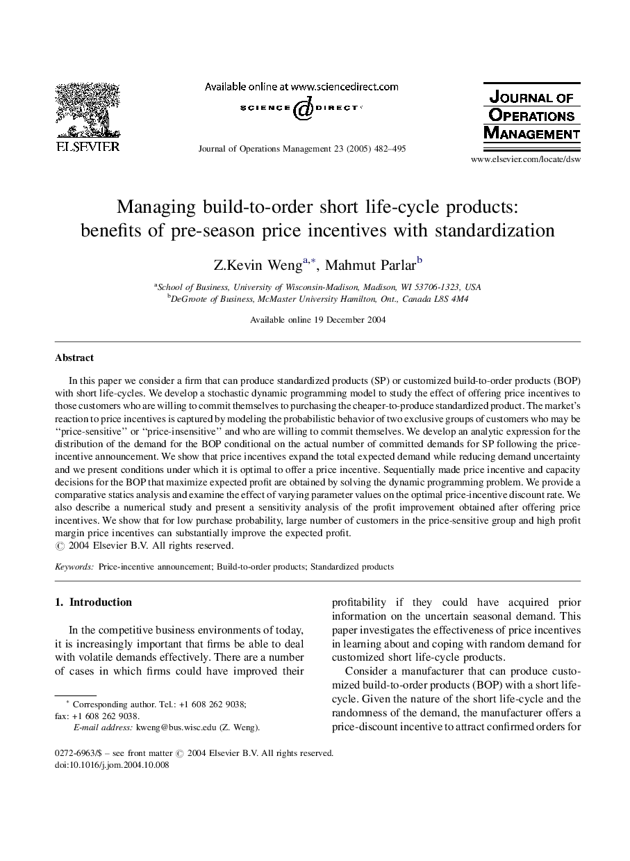 Managing build-to-order short life-cycle products: benefits of pre-season price incentives with standardization