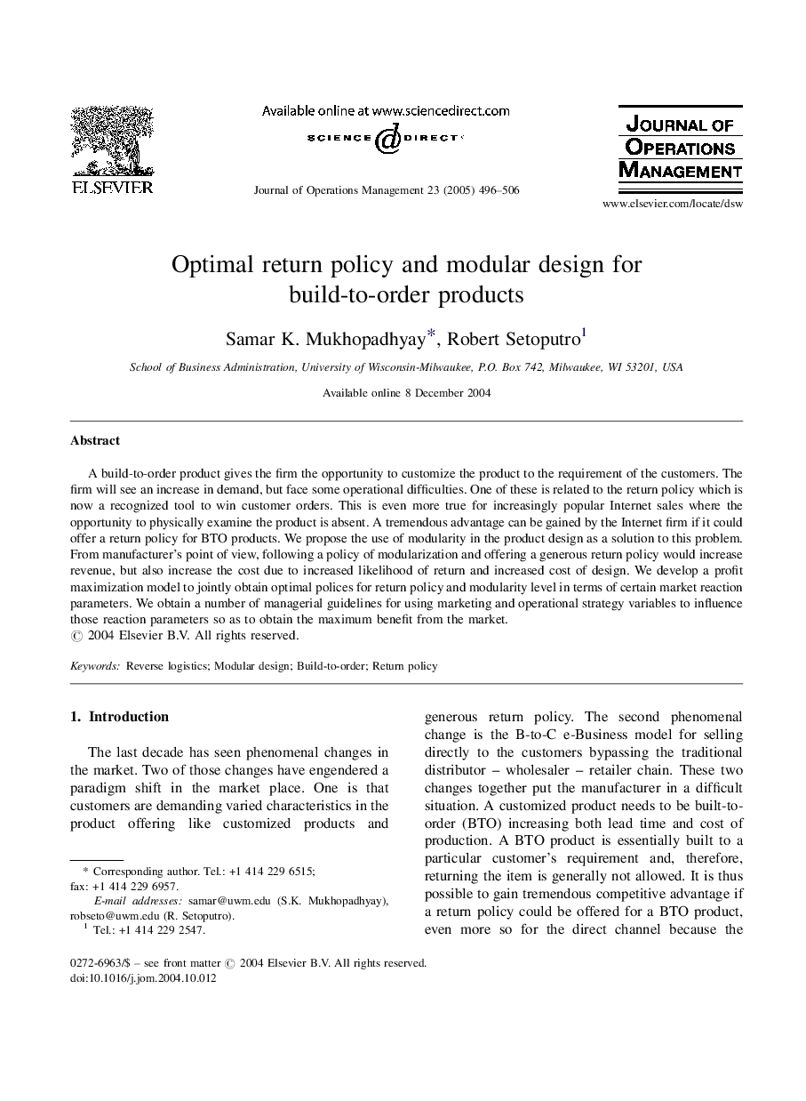 Optimal return policy and modular design for build-to-order products