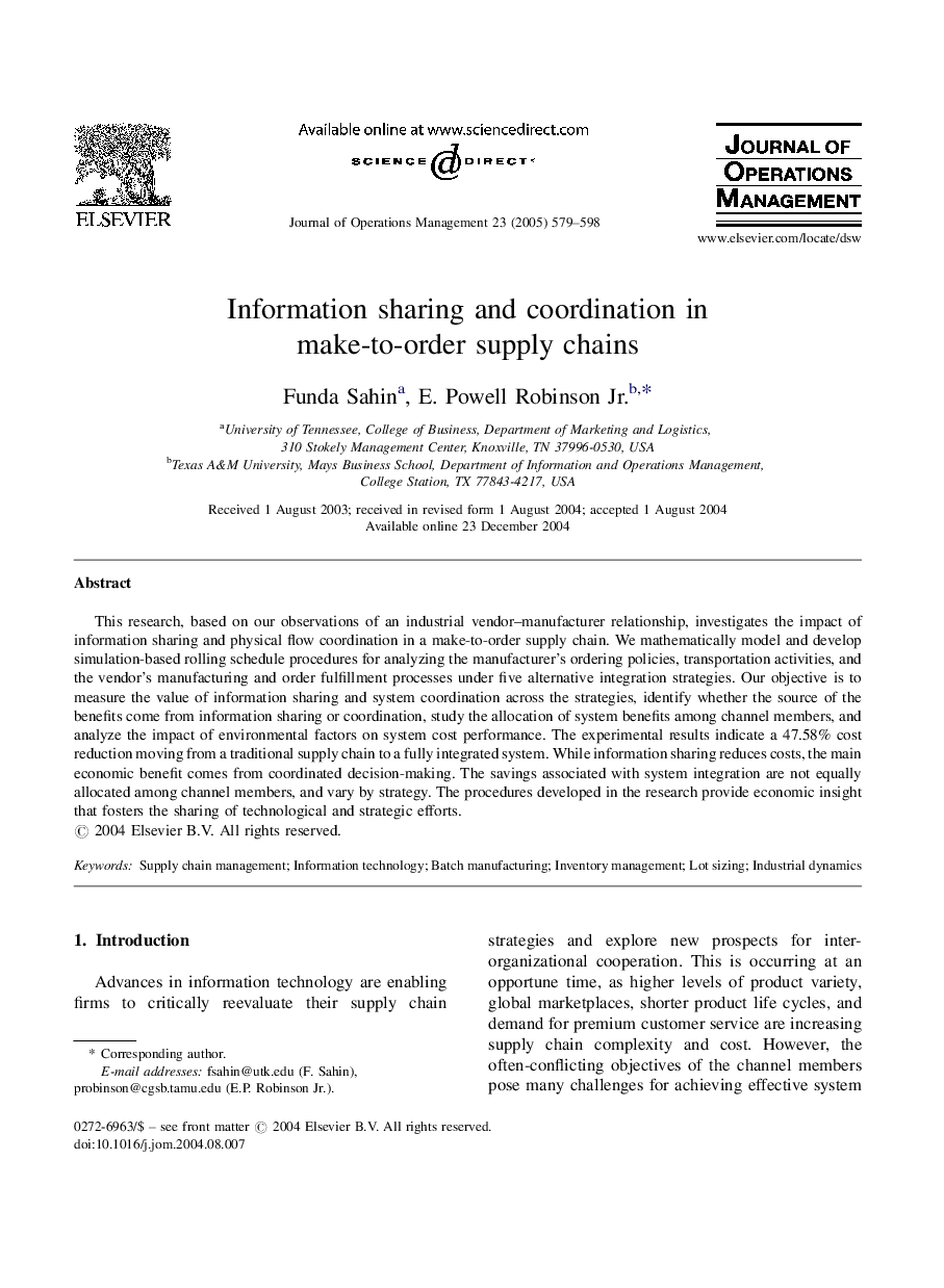 Information sharing and coordination in make-to-order supply chains