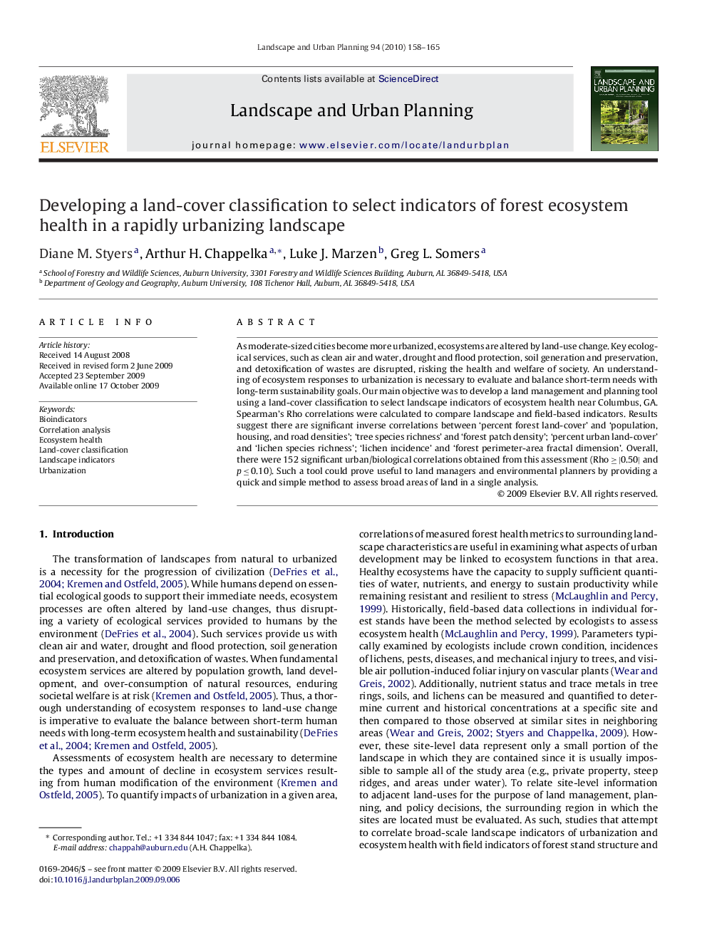 Developing a land-cover classification to select indicators of forest ecosystem health in a rapidly urbanizing landscape