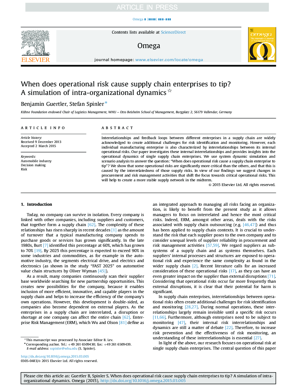 When does operational risk cause supply chain enterprises to tip? A simulation of intra-organizational dynamics