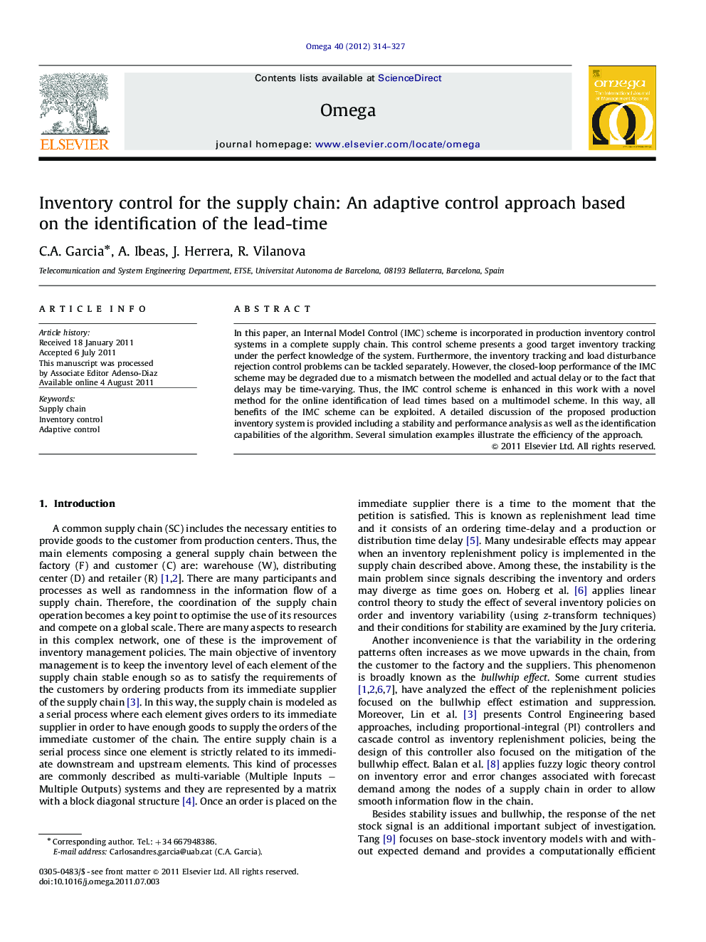 Inventory control for the supply chain: An adaptive control approach based on the identification of the lead-time