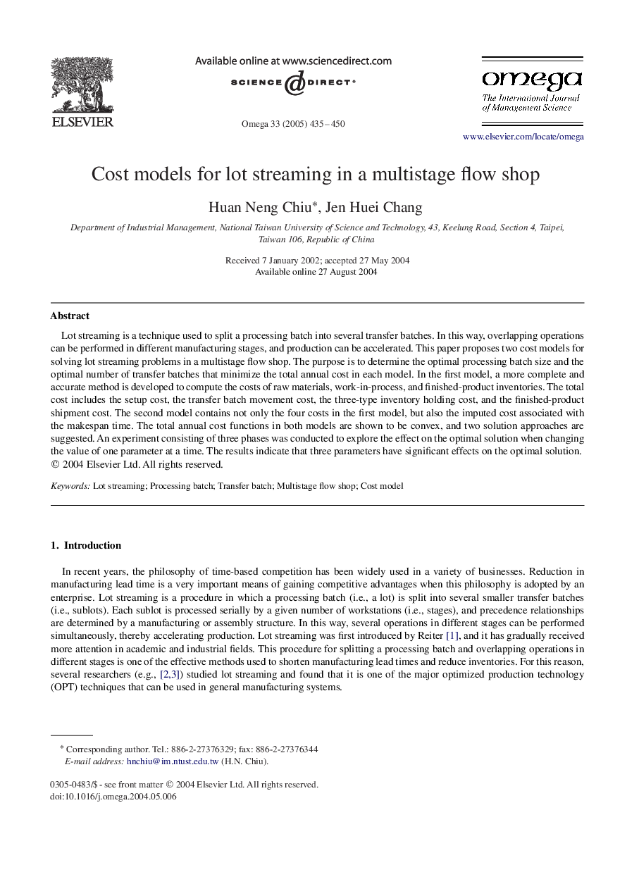 Cost models for lot streaming in a multistage flow shop