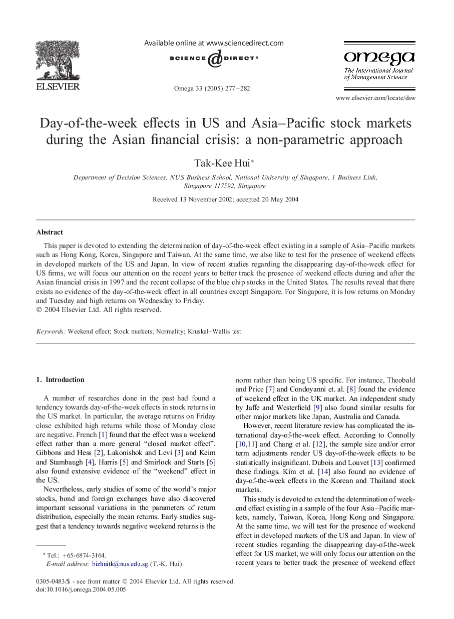 Day-of-the-week effects in US and Asia-Pacific stock markets during the Asian financial crisis: a non-parametric approach