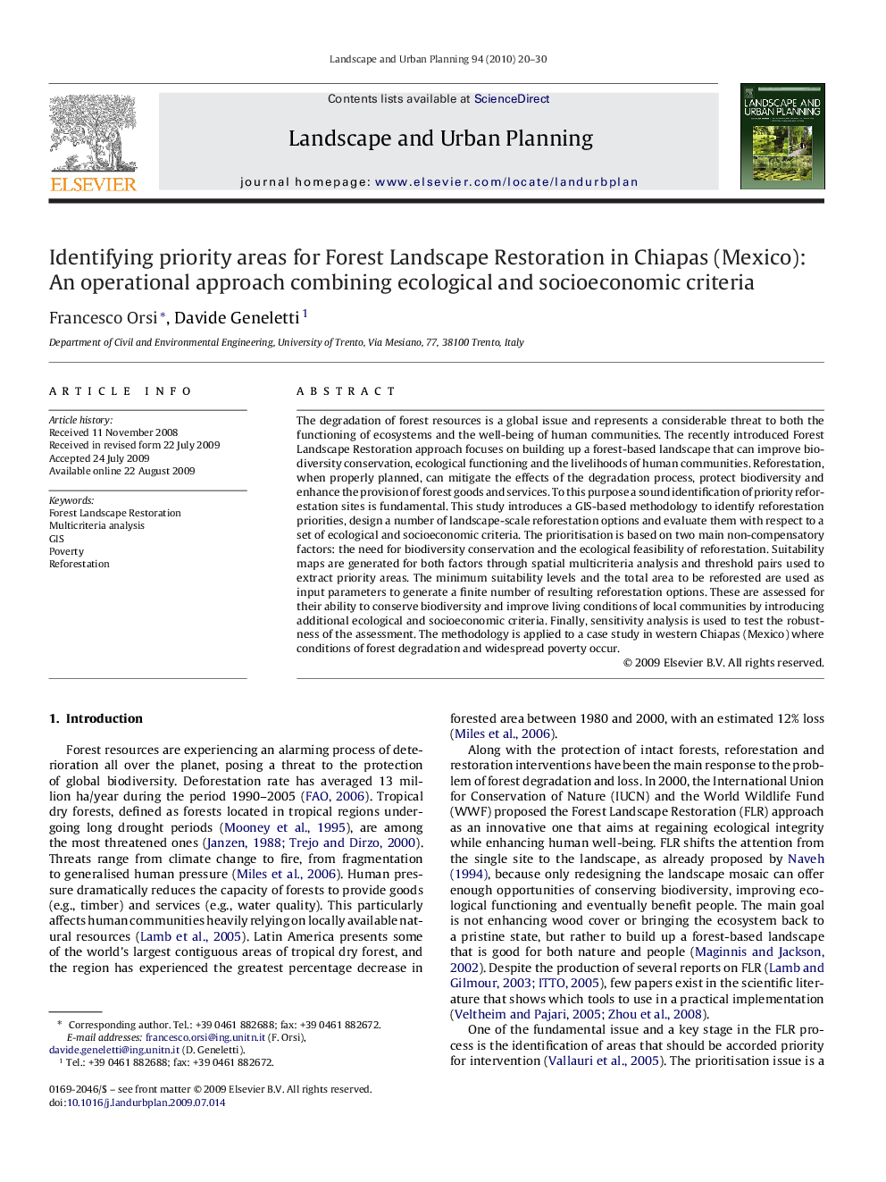 Identifying priority areas for Forest Landscape Restoration in Chiapas (Mexico): An operational approach combining ecological and socioeconomic criteria