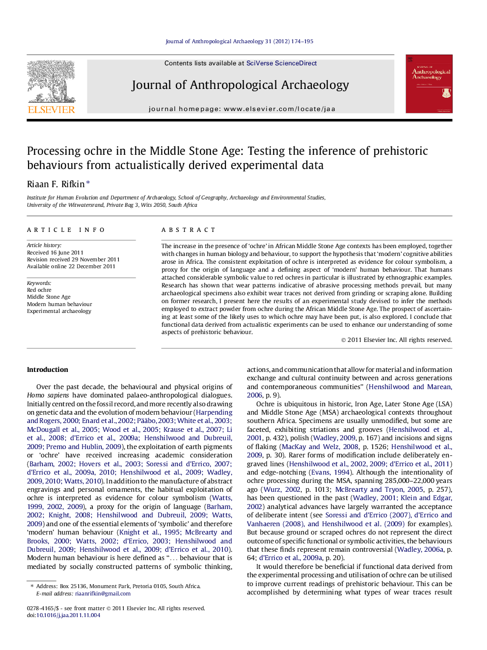 Processing ochre in the Middle Stone Age: Testing the inference of prehistoric behaviours from actualistically derived experimental data