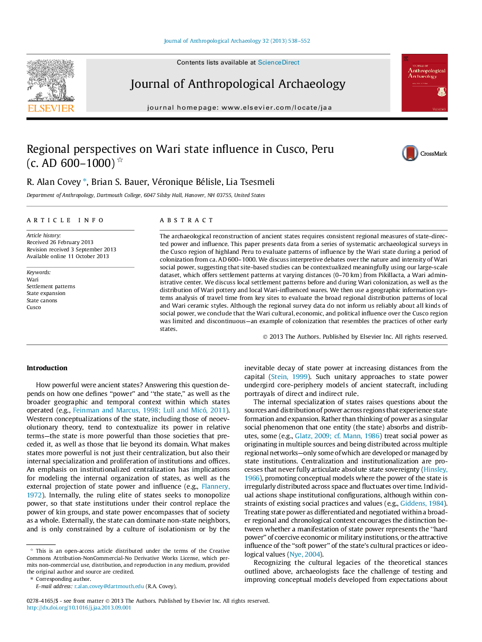 Regional perspectives on Wari state influence in Cusco, Peru (c. AD 600-1000)